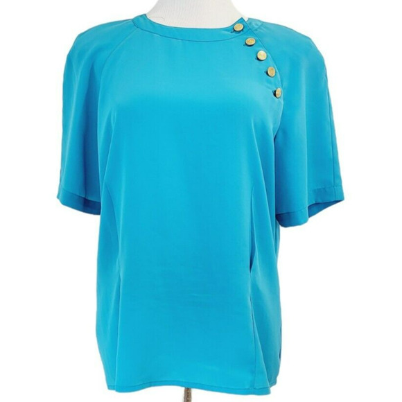 SK and Company Vintage Blue Teal 1980s Shoulder Pads VTG 80s Shirt Size 14 - Picture 1 of 16